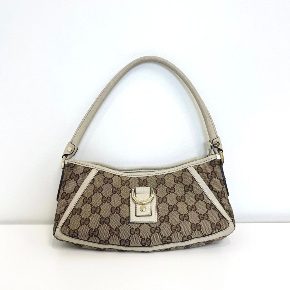 GUCCI GG Tan Monogram Abbey Shoulder Bag Ivory Leather Canvas Handbag Gold Logo